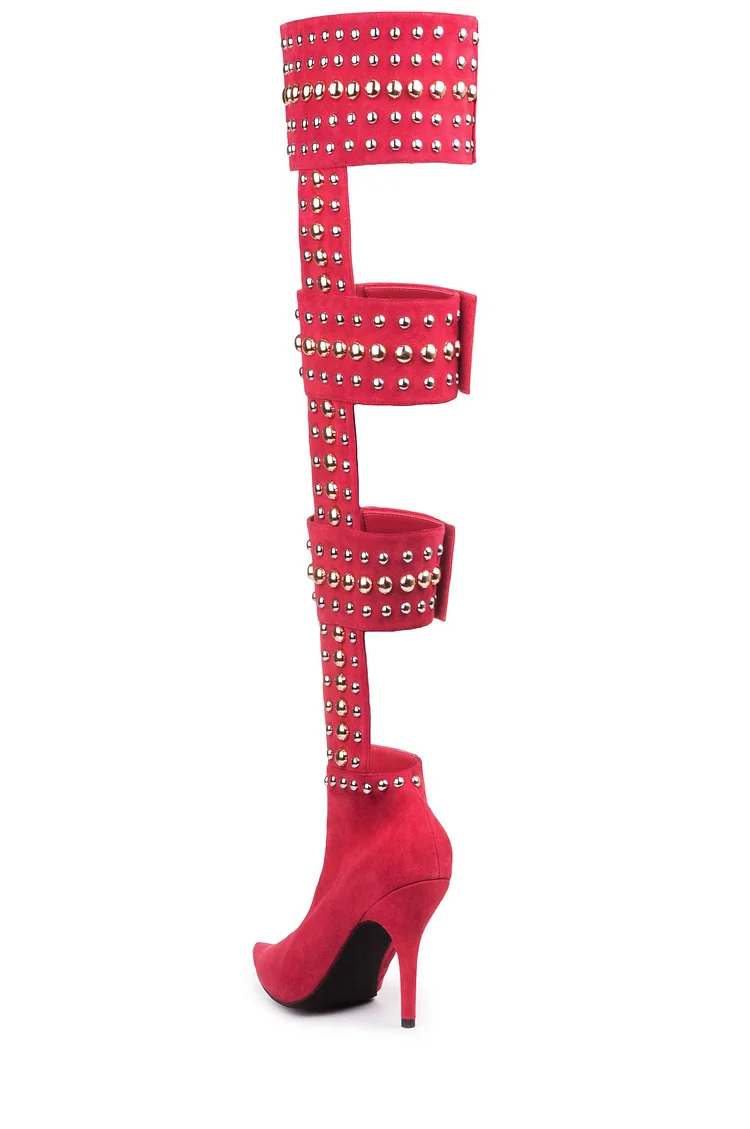 Studded Red Knee-High Gladiator Summer Boots Vdcoo