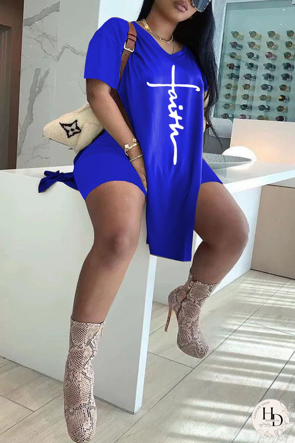 Blue Fashion Casual Print Slit V Neck Plus Size Two Pieces