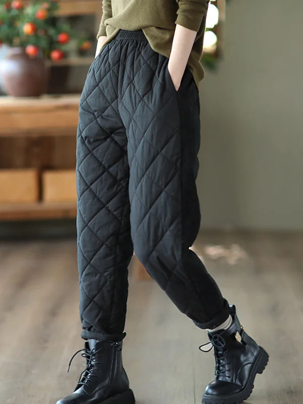 Casual Loose Quilted Solid Color Padded Harem Pants 