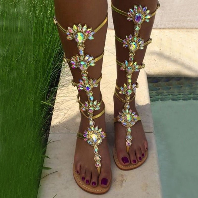 New Woman Bohemia Sandal Boots Rhinestone Lady Knee High Boots Thin High Heels Stiletto Crystal Dress Summer Shoes Sandalias