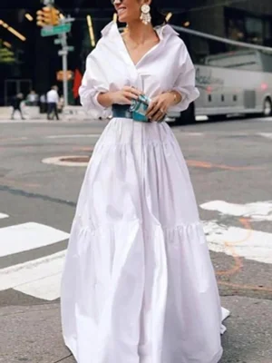 Image of Long Sleeves Loose Belted Pleated Solid Color Lapel Maxi Dresses