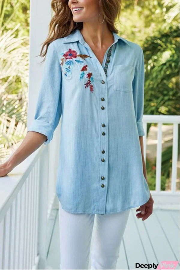 Denim Embroidered Shirt Jacket