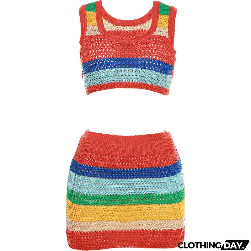 Women Fashion Sexy Knitted Crop Top Skirt Two-Piece Set