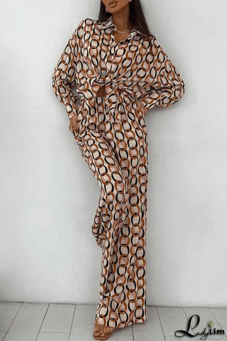 Casual Geometric Print Buttons Turndown Collar Long Sleeve Two Pieces