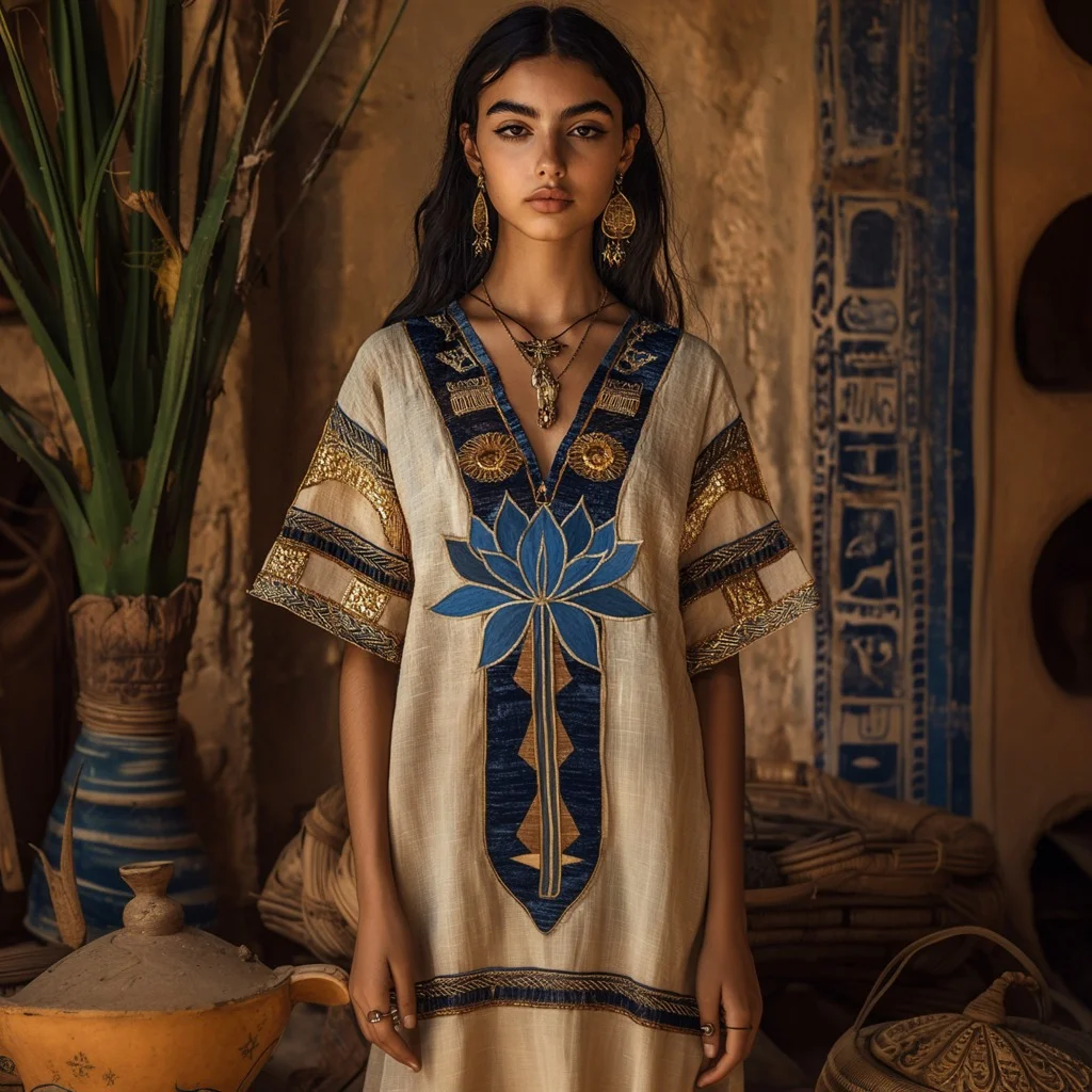 Egyptian Lotus Embroidery Women's Linen Maxi Dress