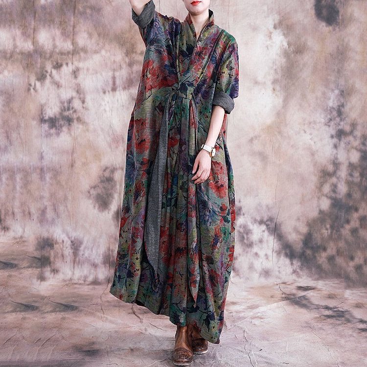 Autumn Quality Printed Lace Vintage Cotton Linen Robe Dress