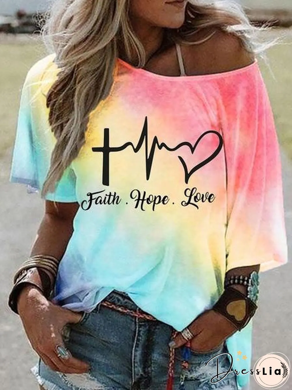 Hot-selling Stylish Tie-dye Gradient Print Short-sleeved Stiletto Off-the-shoulder Top T-shirt