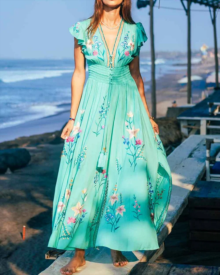 Women's V-neck long-sleeved embroidered Dress