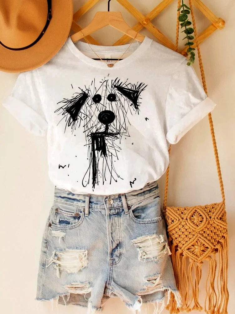 Cute Dog Line Art Print Casual Cotton Linen Blend T-Shirt