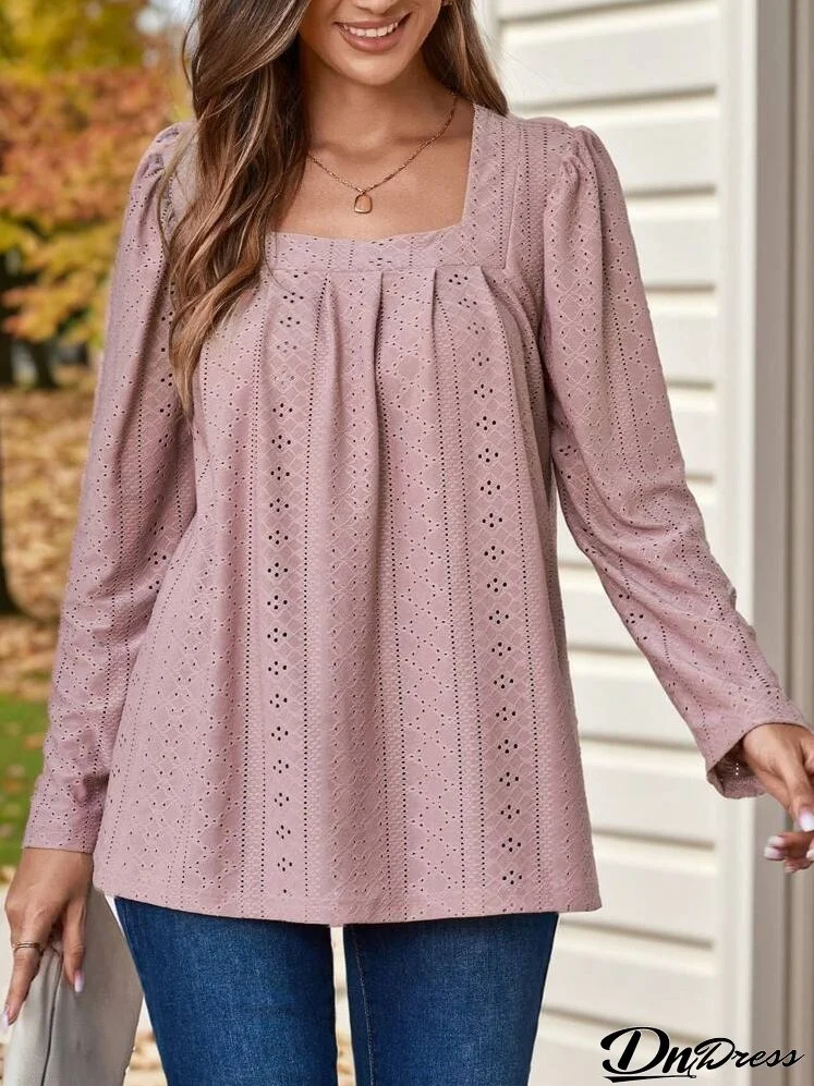Women Spring And Autumn Casual Solid Color Hollow Embroidery T-Shirt