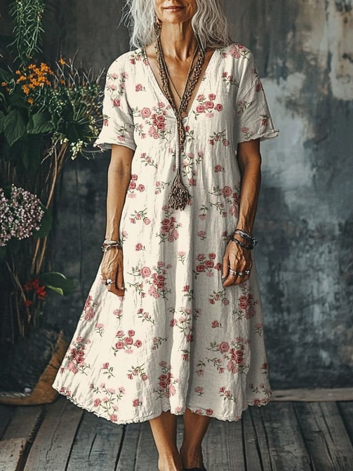 Women's Lovely Floral Art Print Pocket Cotton Dress