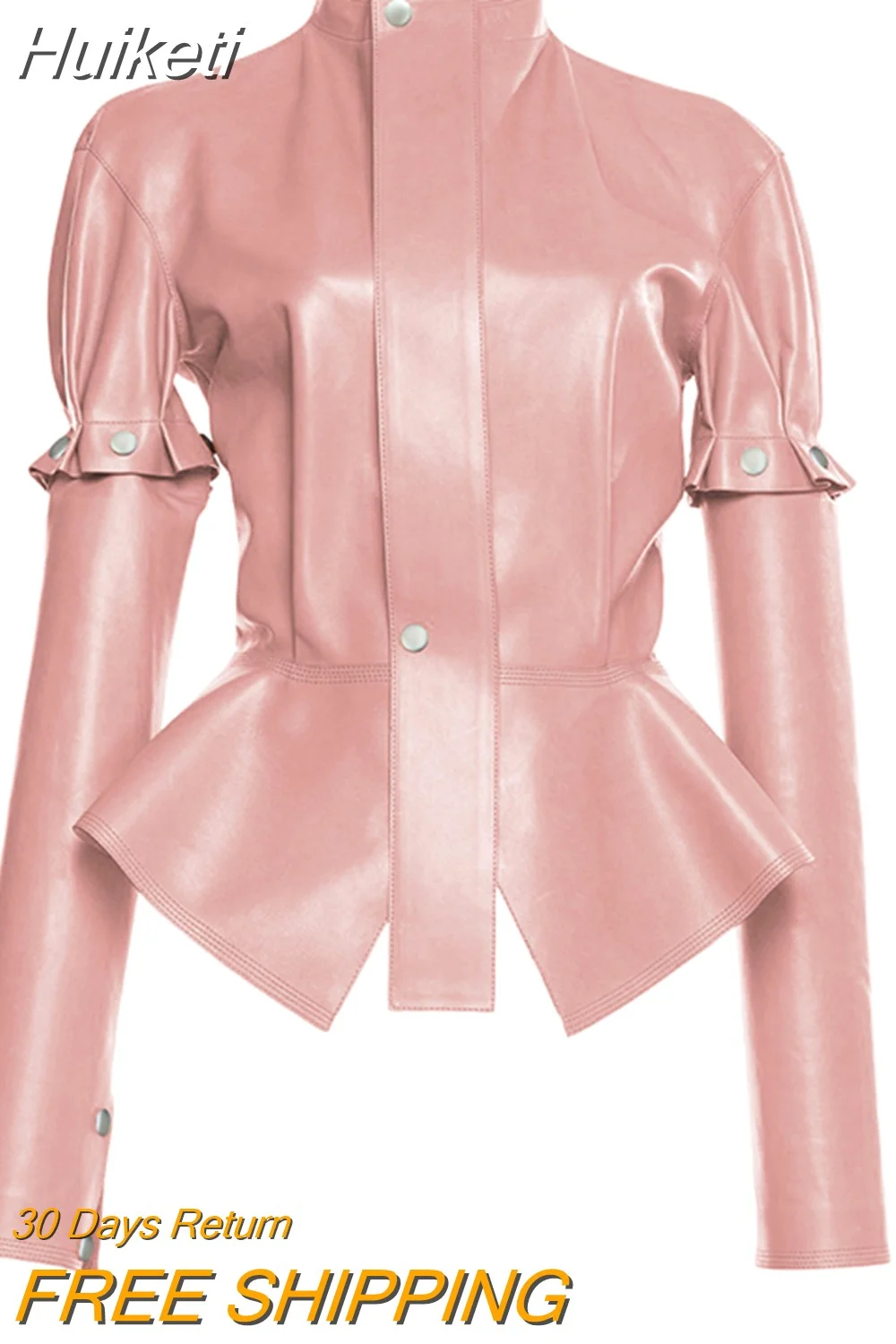 Huiketi Spring Autumn Short Stylish Chic Pink Shiny Reflective Patent Pu Leather Jacket Women with Detachable Long Sleeves 2023