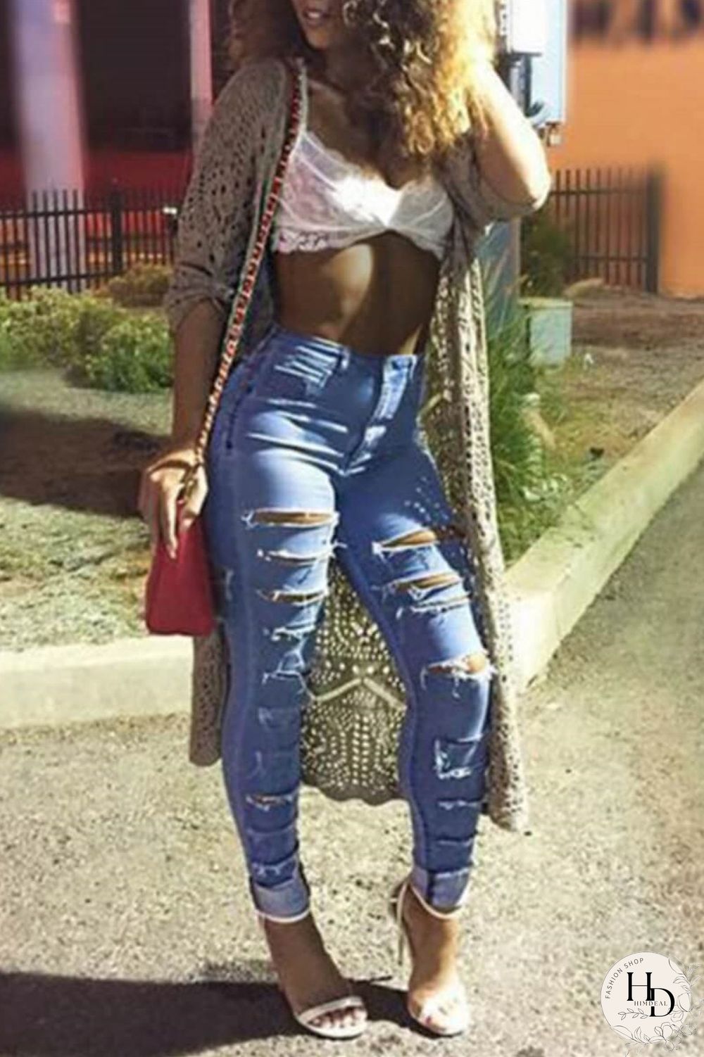 Dark Blue Fashion Casual Solid Ripped High Waist Jeans