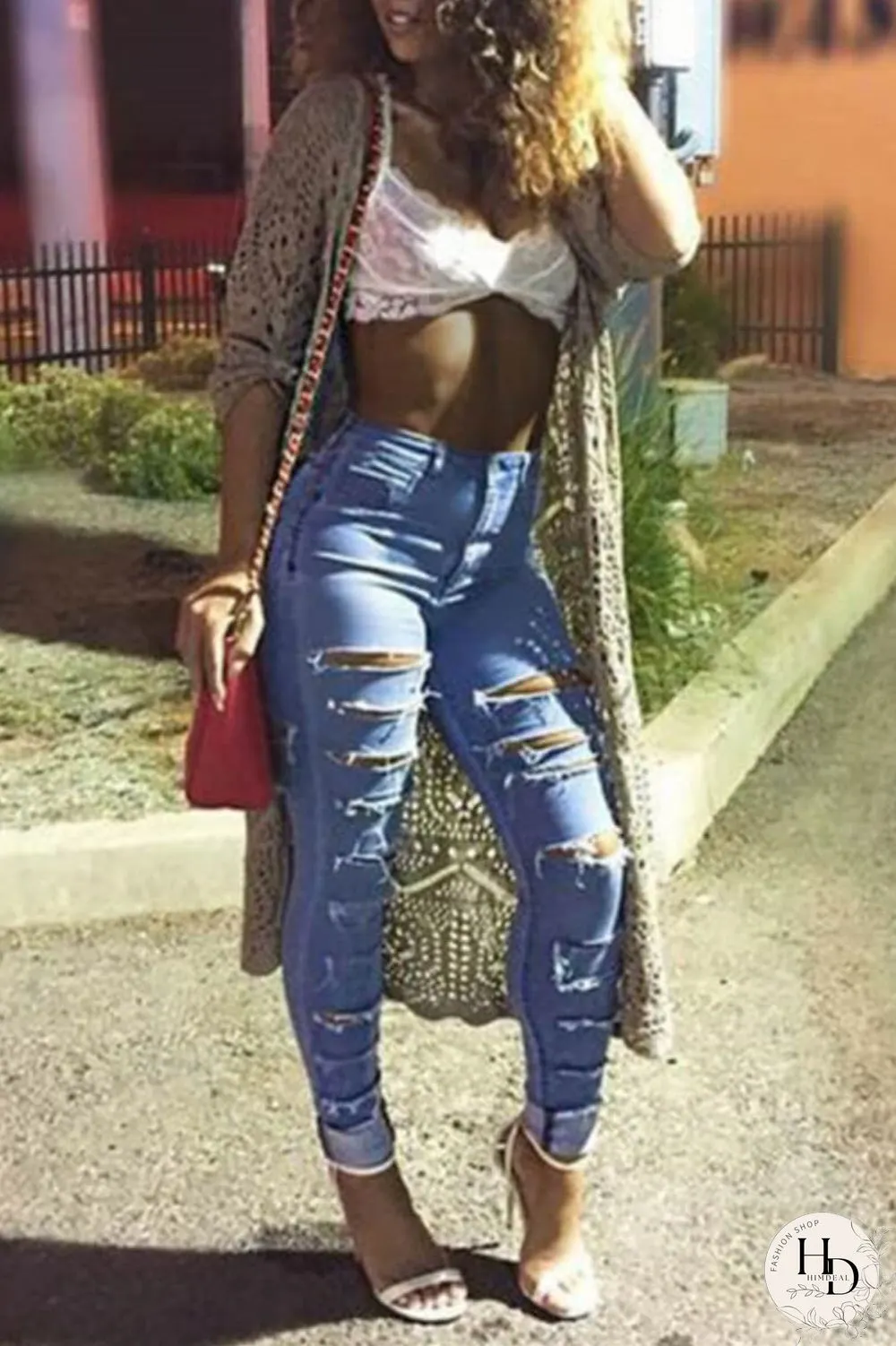 Dark Blue Fashion Casual Solid Ripped High Waist Jeans