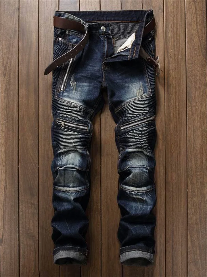 men's retro distressed zipper pleated wear-resistant jeans trousers straight pants slim fit retro style biker jeans pants-Cosfine