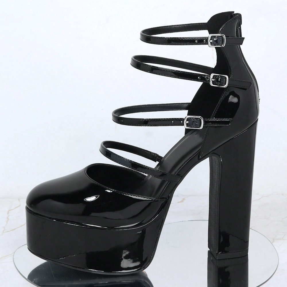Black Round Toe Chunky Heel Buckled Strappy Platform Pumps Nicepairs