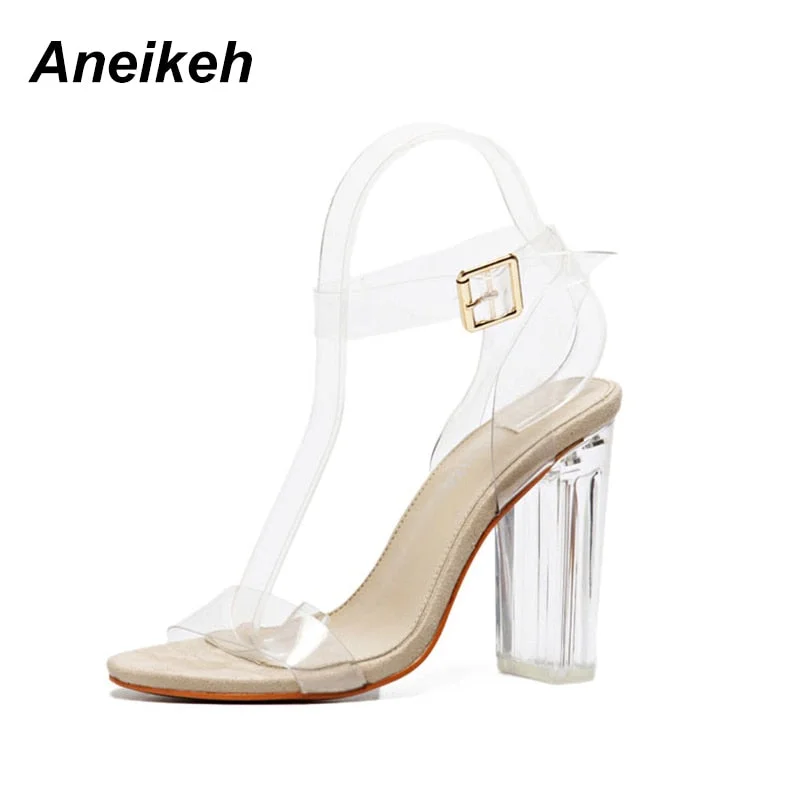 Aneikeh NEW 2022 Summer Women Sandals Size 41 42 Transparent PVC High Heels Shoes Ankle Strap Gladiator Sandals Women Dress Shoe