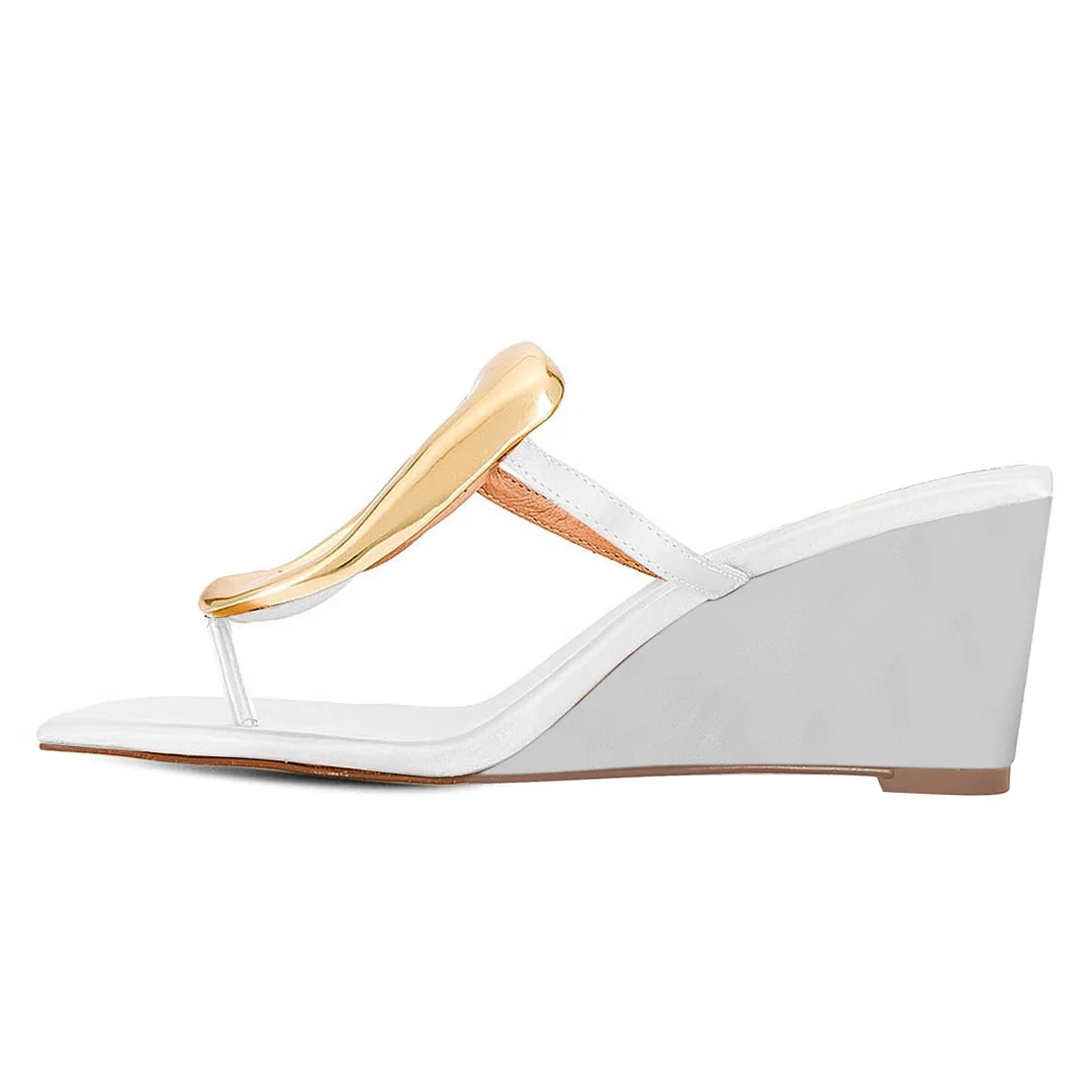 Satin Square Toe Gold Buckle Strappy Sandals with Wedge Heel in White
