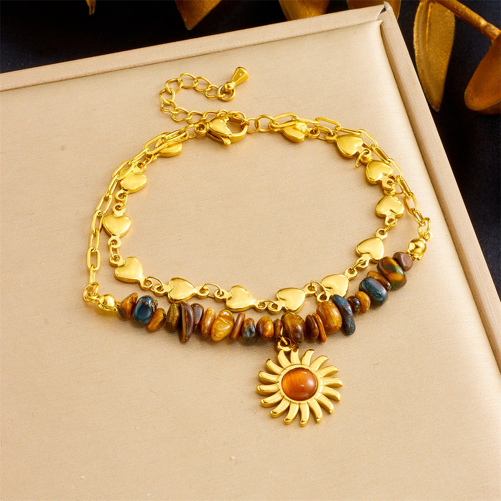 Retro Fashion Double Layered Tiger Eye Stone Beaded Love Chain Stainless Steel Sun Pendant Bracelet