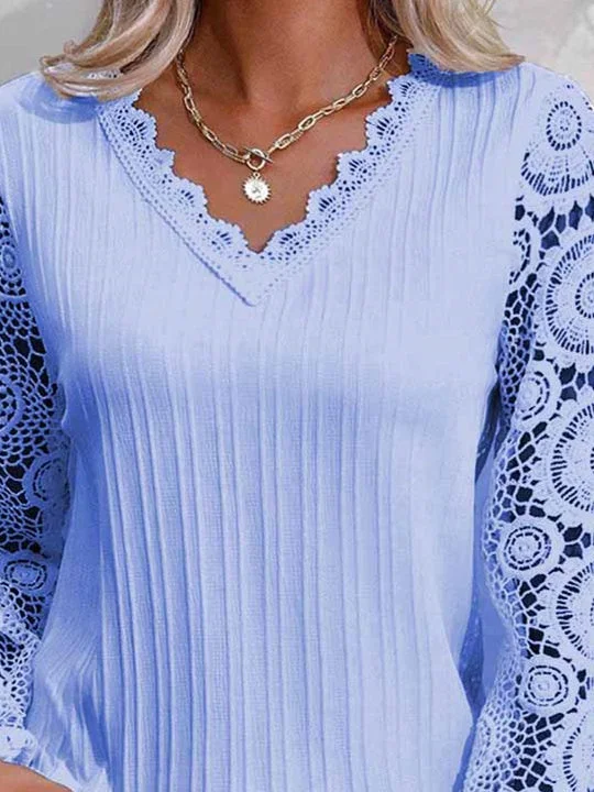 Women Long Sleeve V-neck Solid Lace Tops