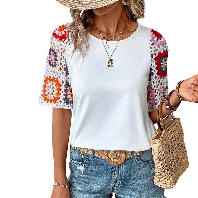 Mature Women Summer Casual All-match Crocheted Short-sleeved Top