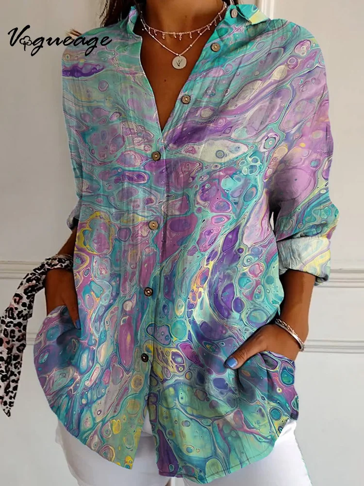 Abstract Irregular Purple Bubbles Long Sleeves Printed Cotton And Linen Shirt