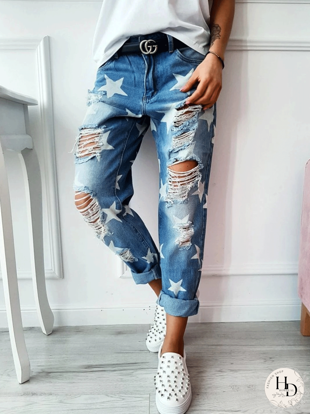 Casual Plus Size Star Ripped Distressed Denim Jeans Jeans