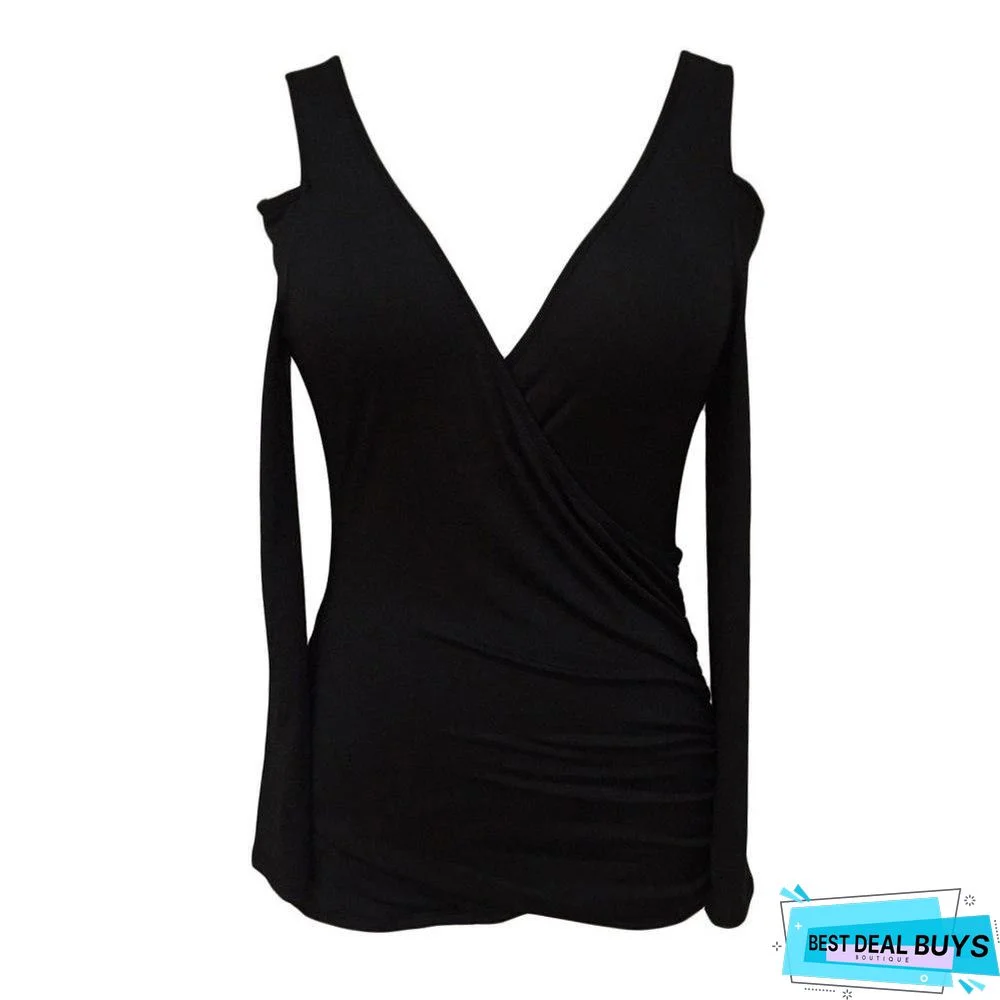 Cut Out Shoulder T-Shirt Women Off Shoulder Casual Top Long Sleeve Tops