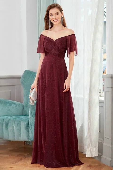 Elegant Burgundy Off-the-Shoulder Long Evening Dress - lulusllly