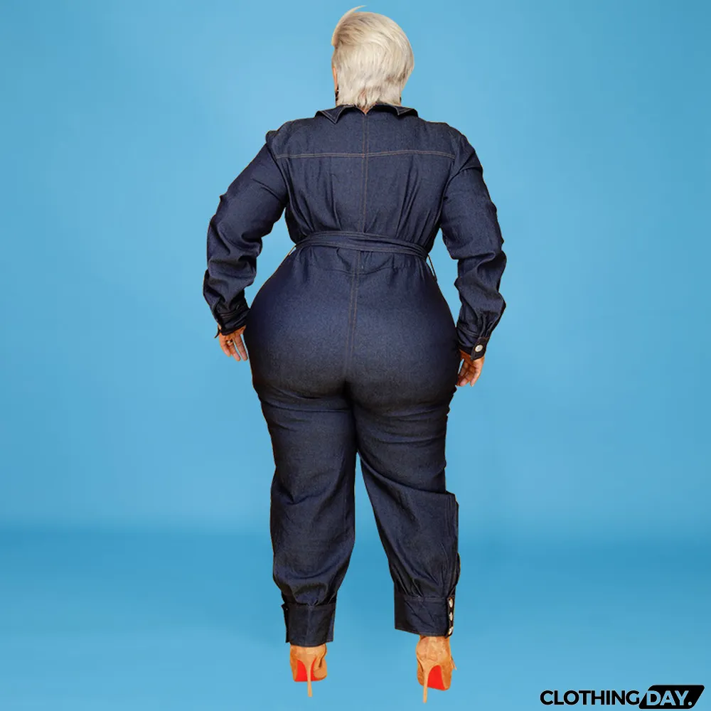Slim V-Neck Casual Plus Size Women's Denim Jumpsuit