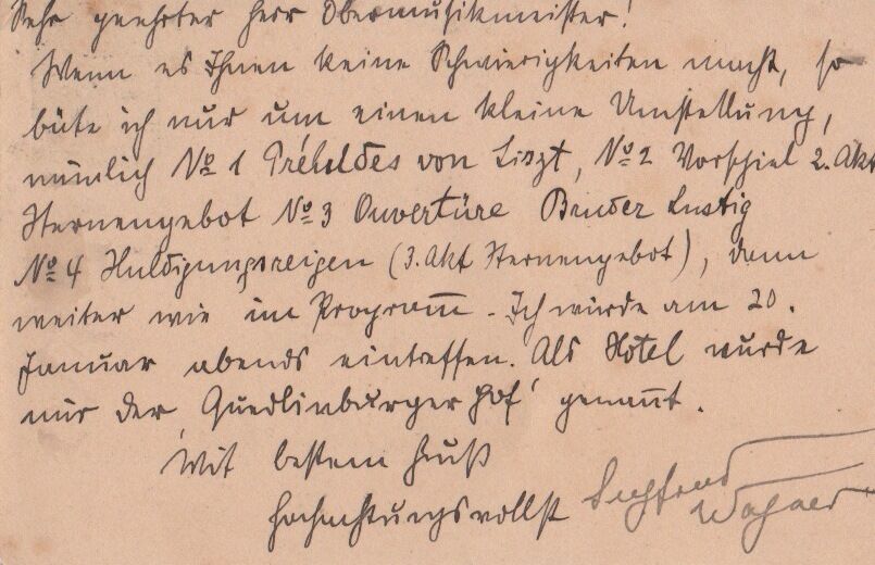 Siegfried Wagner Composer signed letter postcard 25.12.1912