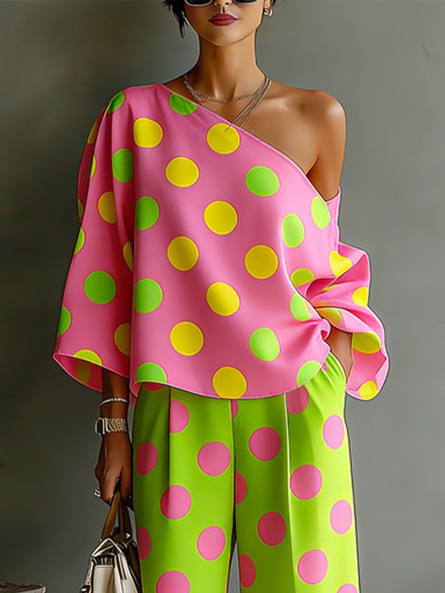 Vacation Polka Dots Printing Asymmetrical Blouse mysite idetrend