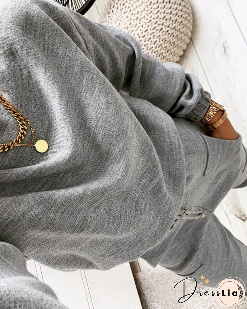 Plain Long Sleeve Top & Drawstring Pants Set
