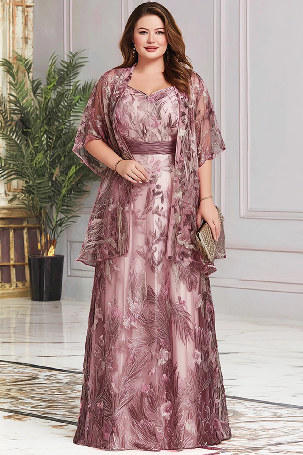 Flycurvy Plus Size Mother Of The Bride Dusty Mauve Pink Chiffon Floral Print Flutter Sleeve Two Piece Maxi Dress With Jacket- Flycurvy Flycurvy Plus Size Mother Of The Bride Dusty Mauve Pink Chiffon Floral Print Flutter Sleeve Two Piece Maxi Dress With Jacket- Flycurvy
