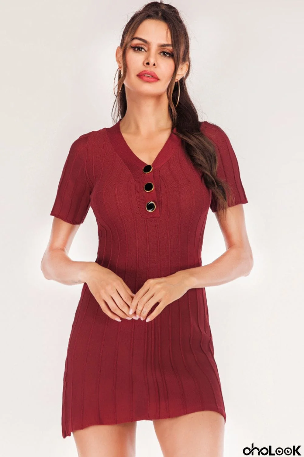 Buttoned Short Sleeve V-Neck Knit Dress