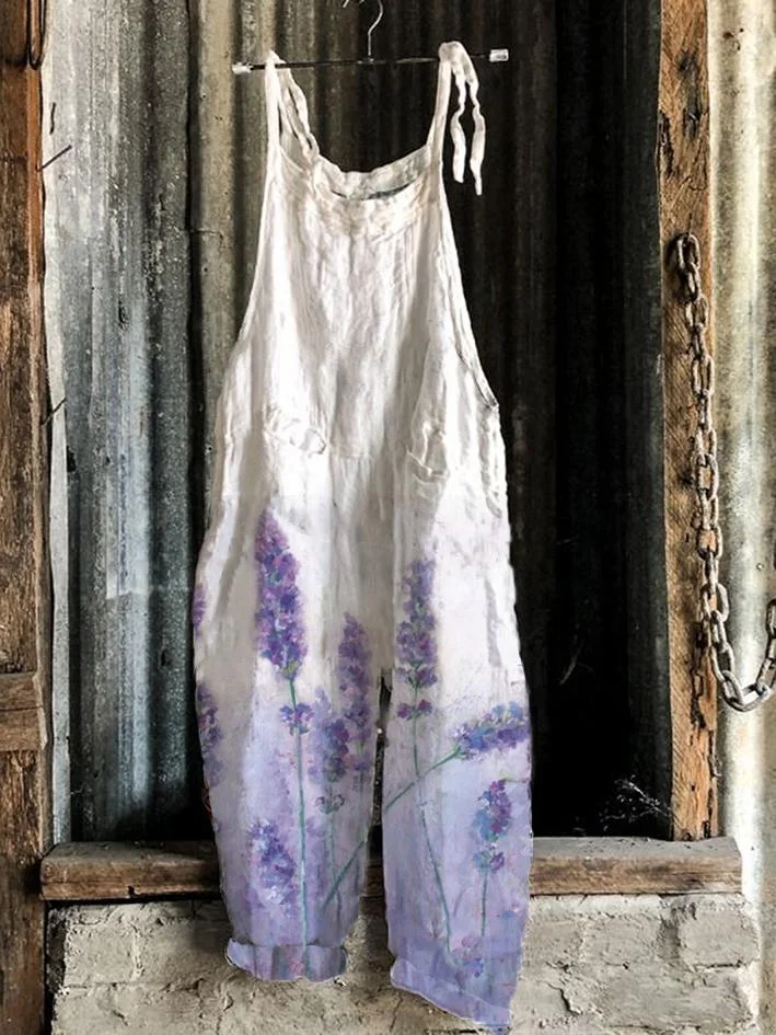 Retro casual Lavender print Jumpsuit