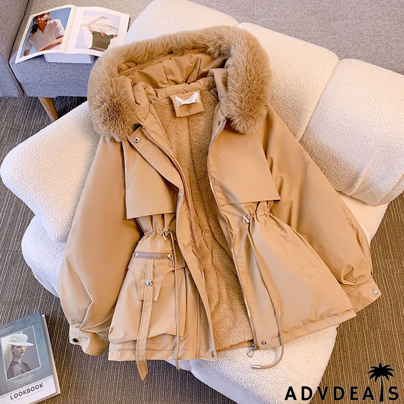 Parker Women Winter Down Cotton-Padded Jacket Fashion Fleece-Lined Thick Fur Collar Hooded One-Piece Coat