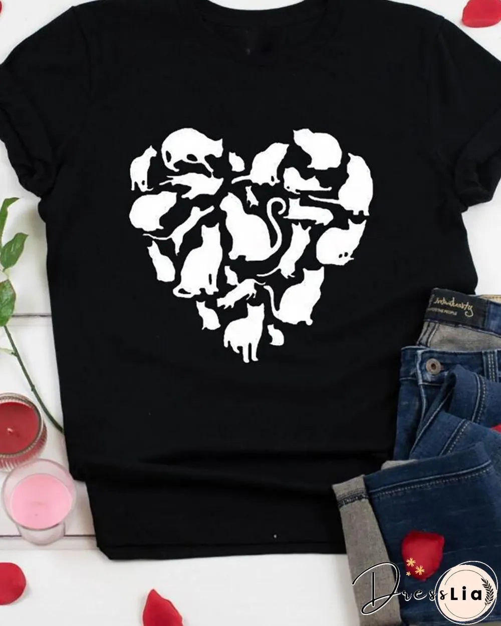 Valentines Day Heart Cat Print T-shirt P16157