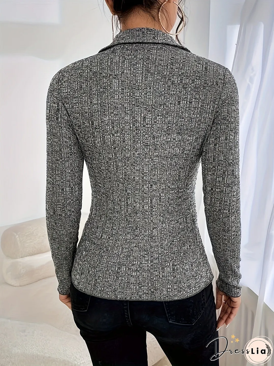 Solid Button Down Knit Cardigan-Elegant Turndown Collar Long Sleeve Slim Sweater Womens