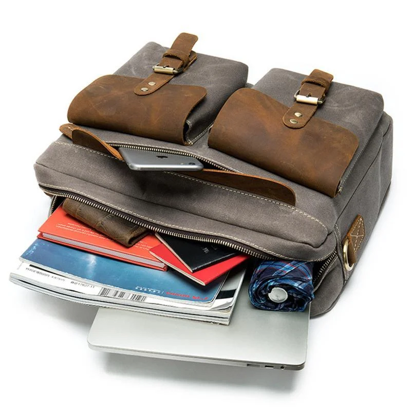 Men's Retro Handbag Leather Canvas Business 14 Inch Computer Bag Crossbody Bag