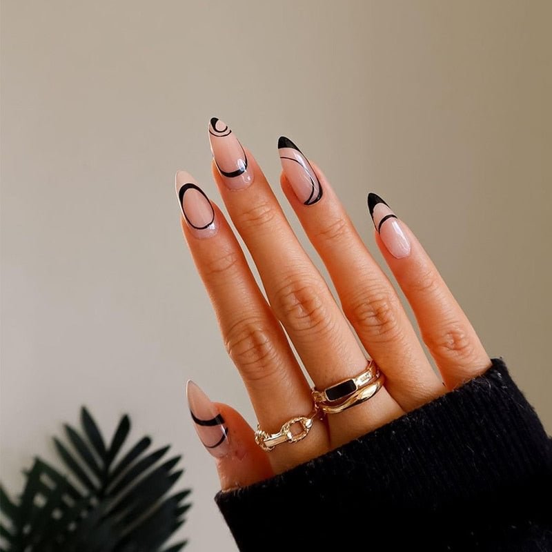 24Pcs/Box Almond Nail French Fake Nails With Designs False Nail Tip Press Nails Charm Nail Art  For Girls Manicure Tools New