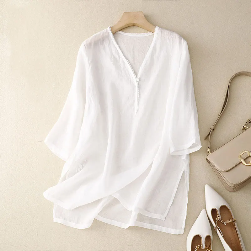 Retro Simple Solid Color V -neck Shirt