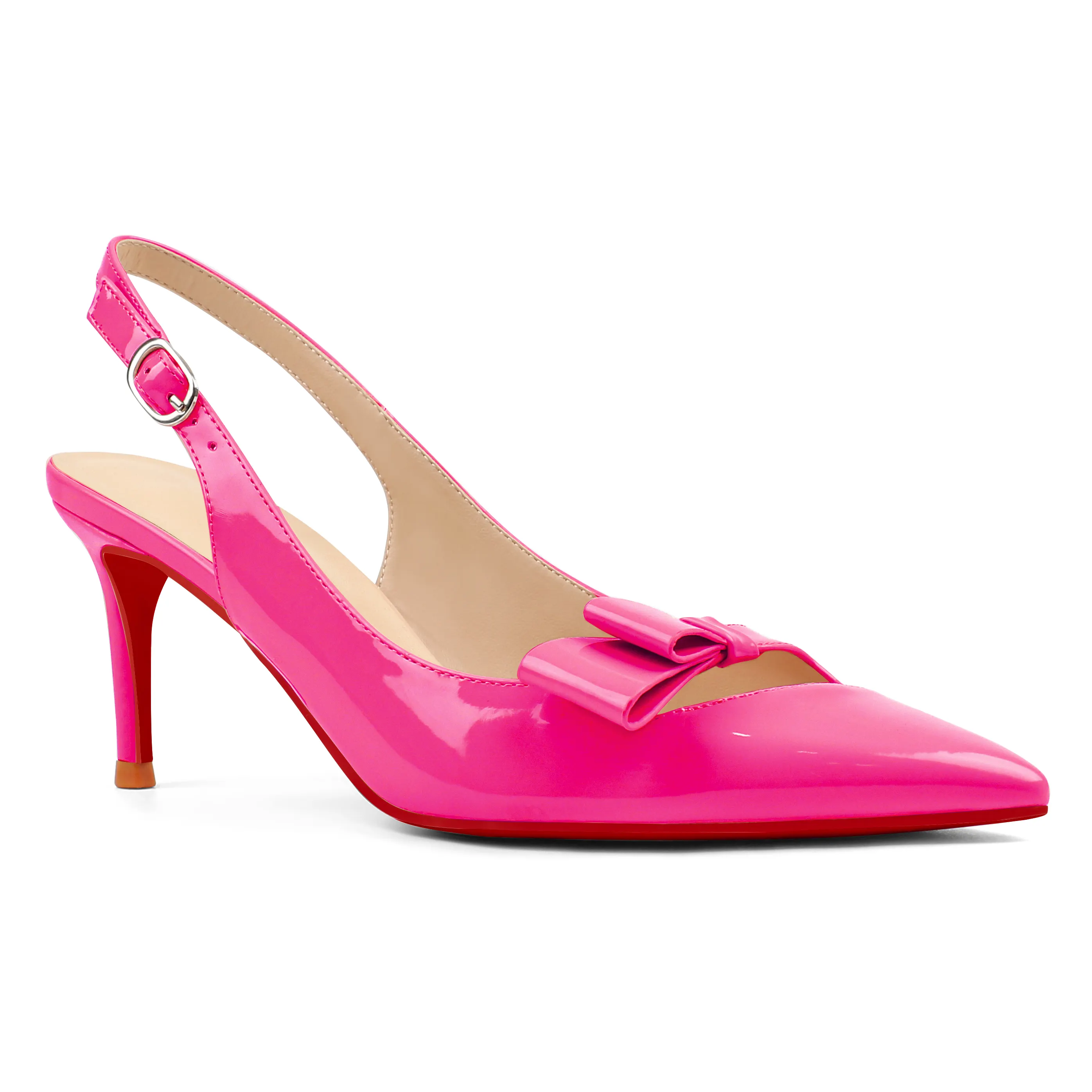 65mm Women's Stiletto Mid Heels Pumps Pointed Toe With Bows Slingback Red Bottoms Prom Sandals Shoes-vocosishoes