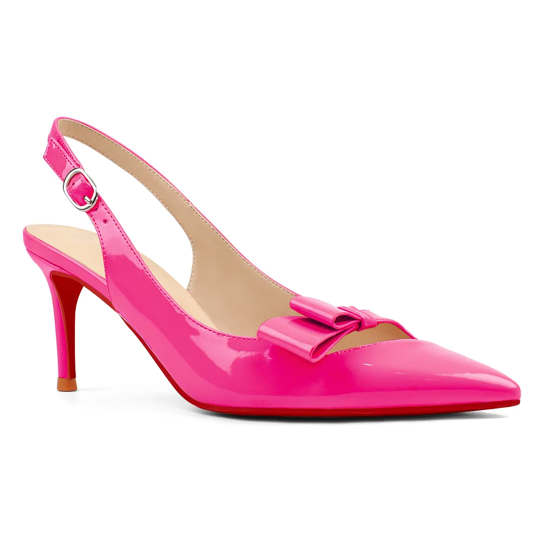 65mm Women's Stiletto Mid Heels Pumps Pointed Toe With Bows Slingback Red Bottoms Prom Sandals Shoes-vocosishoes