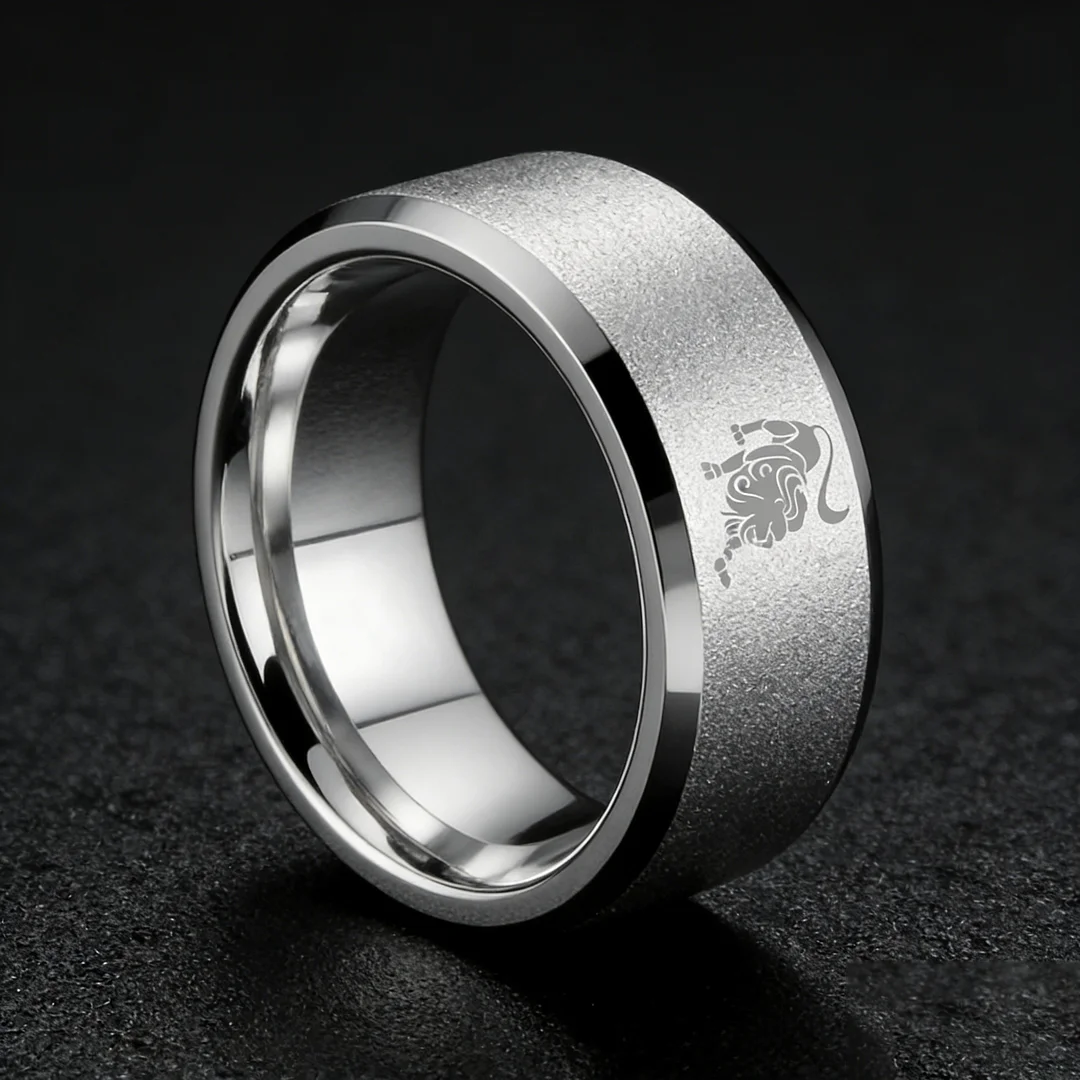 Sliver Laser Etched Couple Wedding Band Sliver Leo Tungsten Carbide Rings Beveled Edges 4MM 6MM 8MM Width