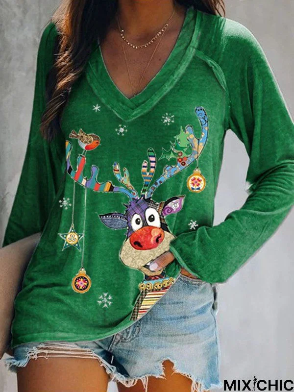 Christmas Printed Casual V Neck Tunic T-Shirt