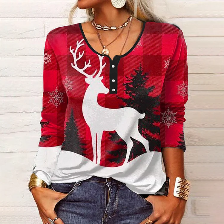 Wearshes Christmas Plaid Printed Long Sleeve Casual T-Shirt