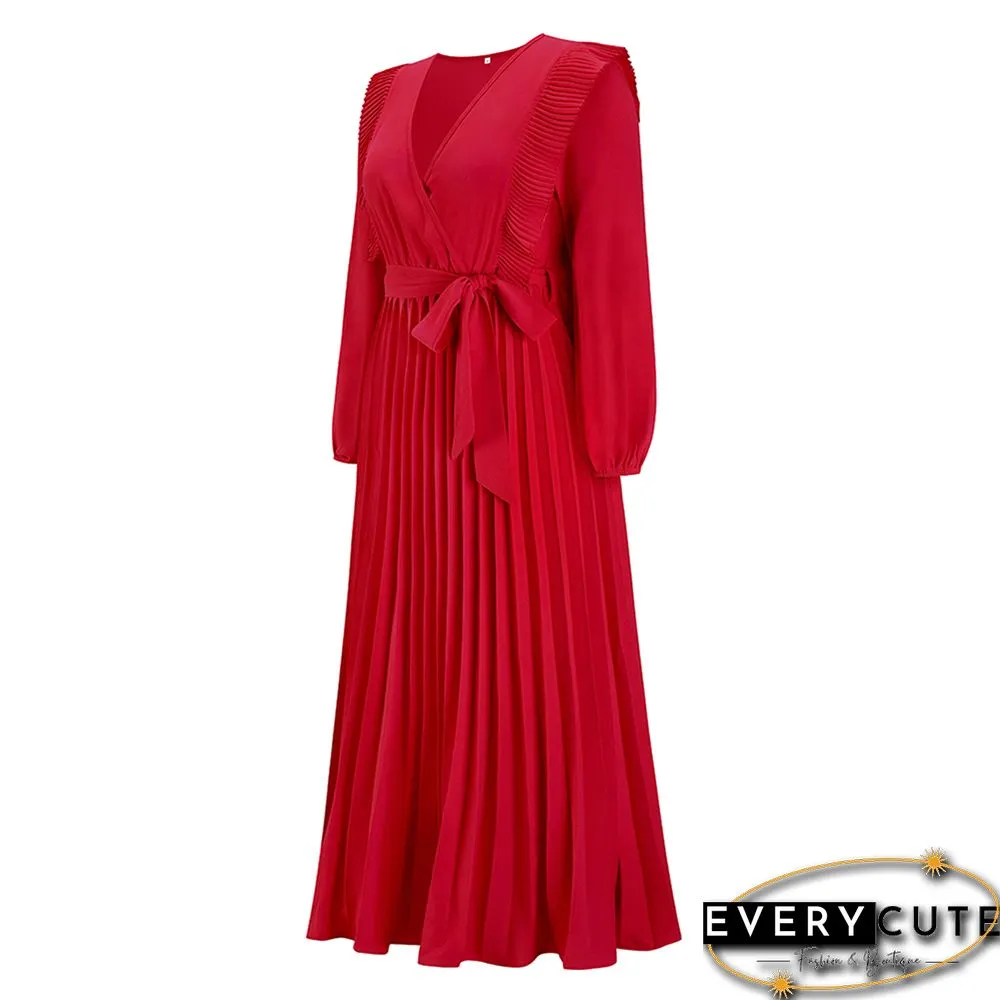 Red V Neck Pleated Tie Waist Swing Maxi Dress