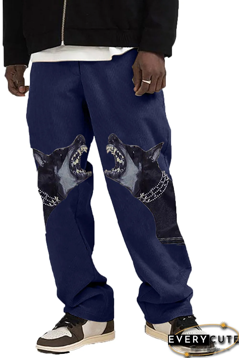 Navy Blue Animal Howl Print Men Casual Pants