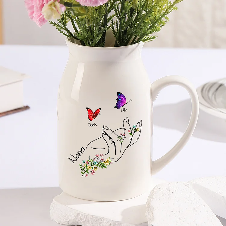 Personalized Ceramic Flower Vase Custom 2–8 Names & 1 Text Butterfly In Hand Vase Gift for Mother/Grandma